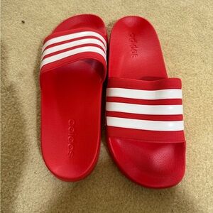 adidas men Red Slide Sandals with White Stripes